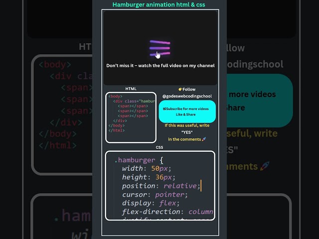 ⚡ Cool Hamburger Menu Hover Animation | Pure CSS Project in 1 Minute #shorts