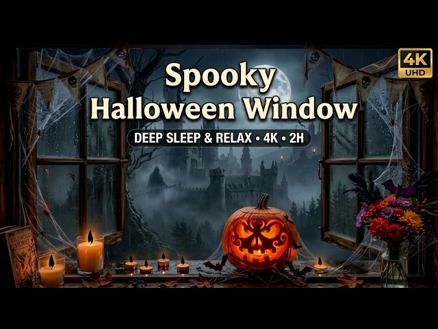 4K Spooky Halloween Window & Rain Sounds 🎃🌧️ Full Moon & Glowing Pumpkin Ambient 2H