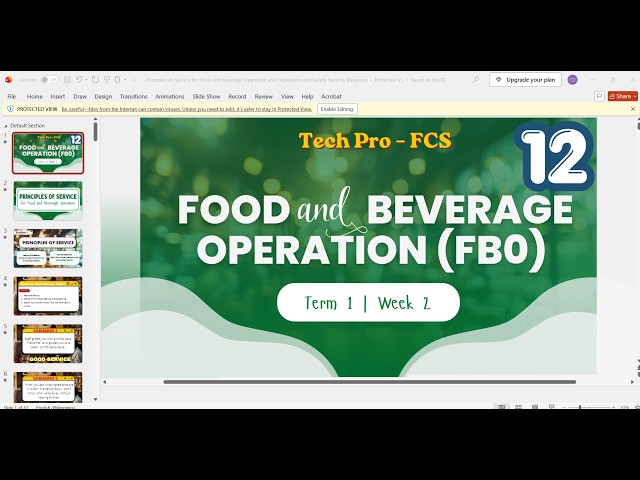 FBO 12 - Week 2 | Principles of service for food and beverage operation  Legislation safety measures