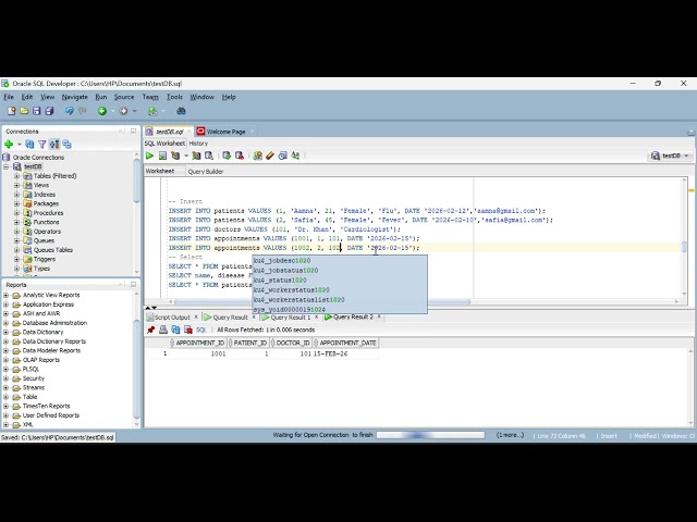 1  Database Administration and Management LAB HOSPITAL database in Oracle