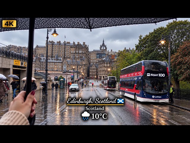 Heavy Autumn Rain in Edinburgh 🌧️🍂 | A Rainy Day in Scotland | ASMR Walking Tour in 4K. 