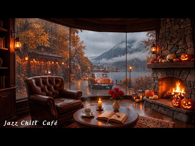A Rainy October Halloween Afternoon 🎃🌧️ Sip Coffee & Relax with Cozy Jazz by the Fireplace