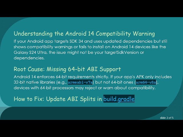 Fixing Android 14 Compatibility Warning by Adding arm64-v8a ABI in Gradle