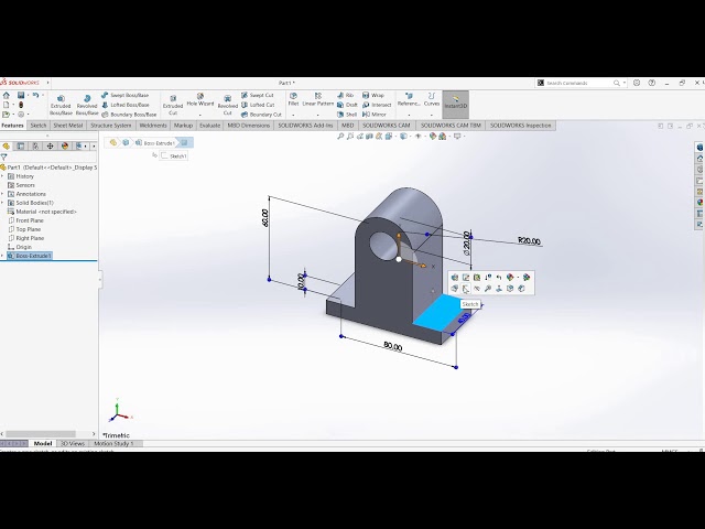 SOLIDWORKS tutorial on Sketching, Trim, Mirror, Relations, Dimensions, Extrude تمرين سوليدوركس