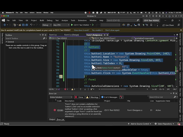 CS111 Accidental Double Clicking in VS2022