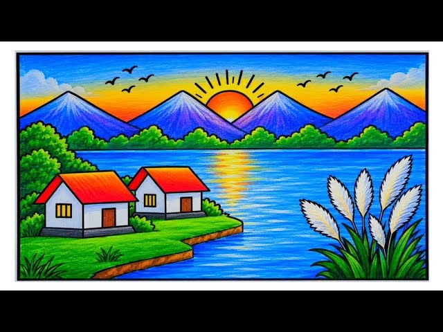 Easy River Scenery drawing | Beautiful Mountain Village Landscape Drawing Step by Step | ছবি আঁকা |