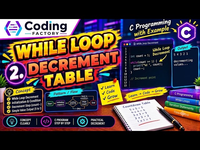 While Loop + Decrement in C 🔥 | Step by Step Program | Coding Factory