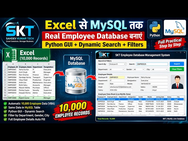 Excel से MySQL तक: 10,000 Employee Database + Python GUI Dynamic Search | SKT Tech