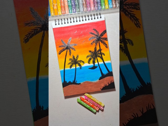🌅 Beautiful Sunset Beach Drawing with Oil Pastels 🌴 | Oil Pastels Drawing for Beginners