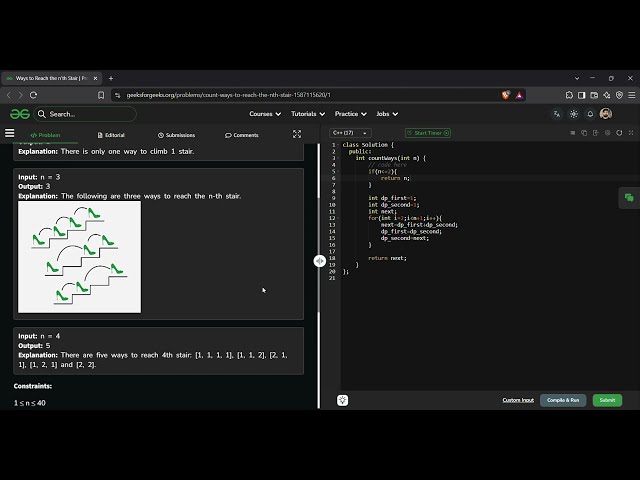 Ways to Reach the Nth Stair | GFG Solution in C++ | Space Optimized DP Explained