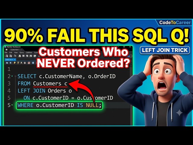 Find Customers Who Never Placed an Order in SQL | LEFT JOIN Interview Challenge | MySQL Workbench