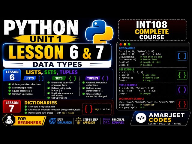 Python Unit 1 | Lesson 6 & 7 | Lists, Sets, Tuples & Dictionaries | Python| INT108 | @AmarjeetCodes 