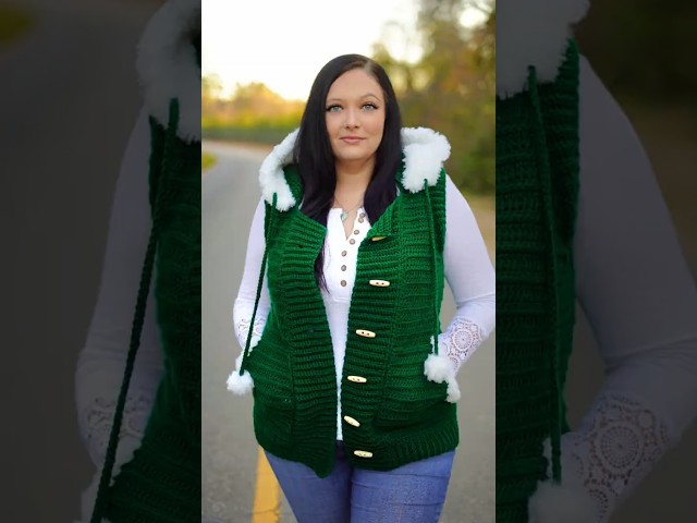 Crochet a hooded jacket with me #crochet #pattern #vest #hoodie #pockets #green #diy #fur #fauxfur