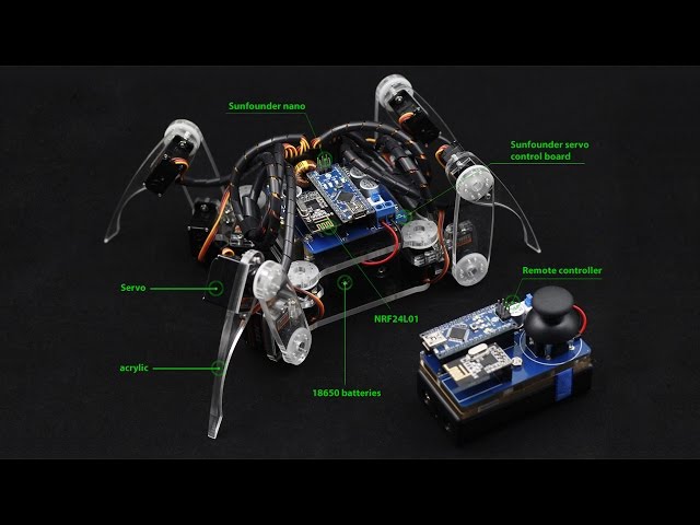 Arduino Electronics Spider Quadruped Robot Kit with Servo Control Board and Nano, Remote Control