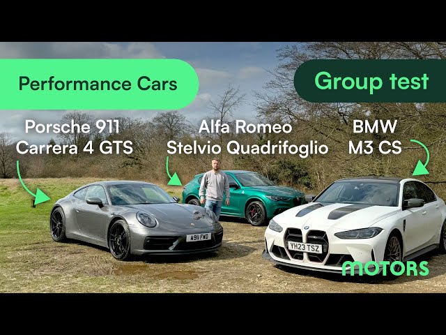 2024 Performance Group Test: Alfa Romeo Stelvio Quadrifoglio, Porsche 911 Carrera 4 GTS, BMW M3 CS.