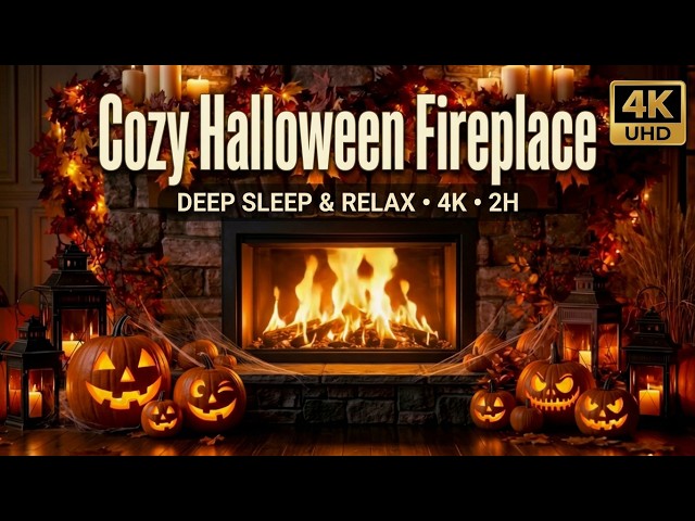 4K Cozy Halloween Fireplace & Fall Ambience 🎃🔥 Crackling Fire, Pumpkins & Relaxing Sounds 2H