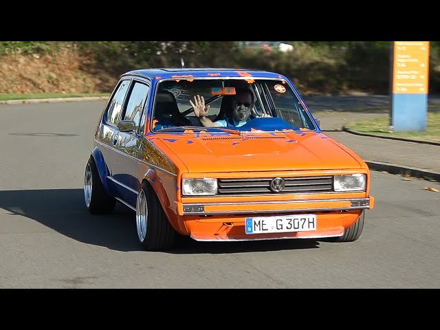 Classic Cars leaving Youngtimer Show Zeche Ewald 2025- Rieger Golf 1, Manta B, Dino 308, 3.0 CSL..