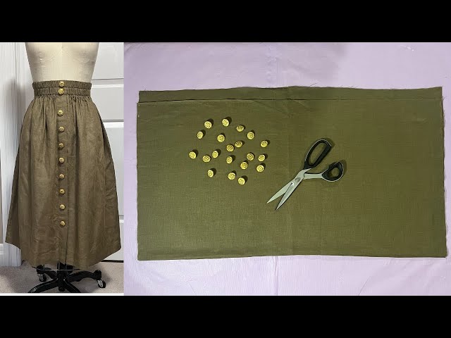 Buttoned Elastic Waist Skirt with Pockets – Patternless Sewing Tutorial [ Easy DIY Pull on Skirt ]