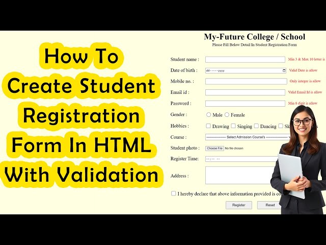 Create A Student Registration Form In HTML With Validation | Student Registration Form In HTML Code