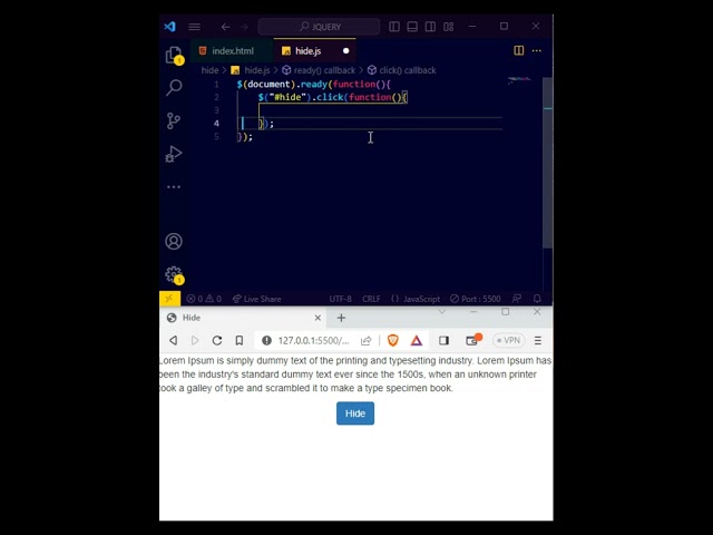 jquery tutorial | jquery button click  | hide div on button click |#shorts #jquery  #html