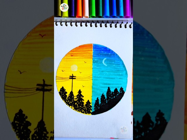 Easy Day & Night Circle Drawing 🌞🌙 | Beautiful Marker Art #Shorts