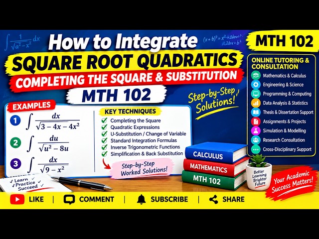 HOW TO INTEGRATE SQUARE ROOT QUADRATICS | COMPLETING THE SQUARE & SUBSTITUTION | MTH 102 Part 9