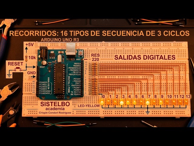 Simulation of 16 LED sequence types with 3 cycles in Arduino UNO & Proteus [sistelbo.ino121]
