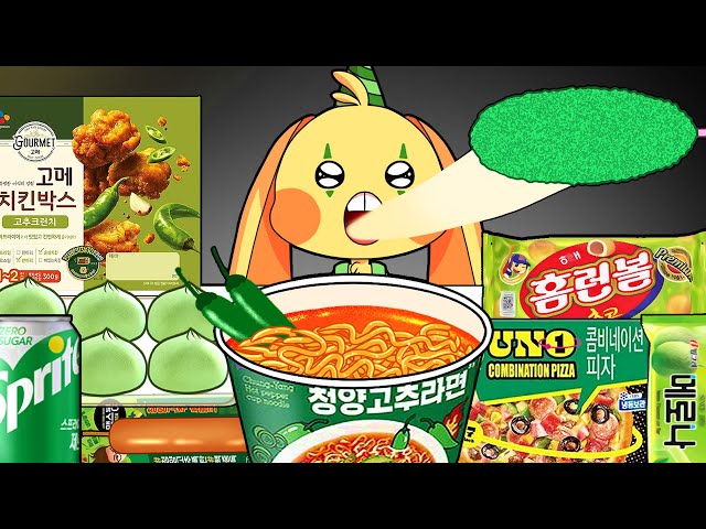 💚 Convenience Store Green Food Mukbang - Bunzo Bunny PLAYTIME Animation Mandu, Spicy Pepper Ramyon 🍜