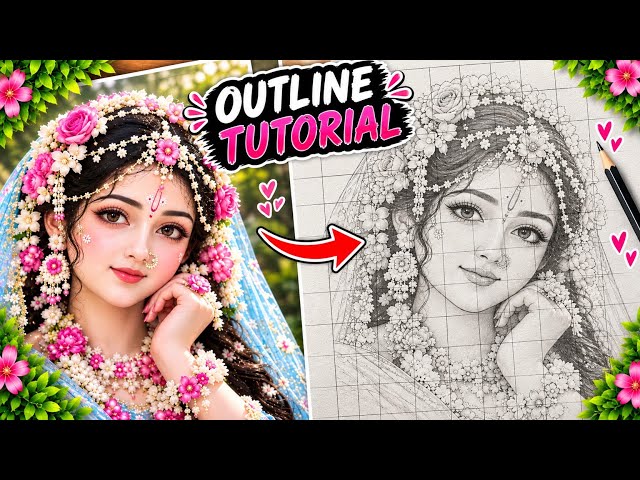 Radha Rani Outline Drawing with Grid Method 🌸 | Step by Step Sketching ✨