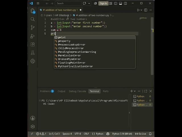 Addition of Two Numbers | Python Basic Program | Python for Beginners | #kvgurukul #bca #python