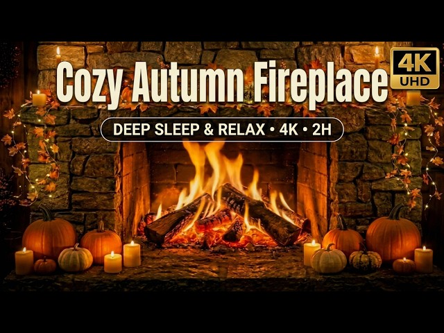 4K Cozy Autumn Fireplace 🔥 Fall Vibes with Pumpkins Ambience for Sleep & Relaxation 2H❤️‍🔥