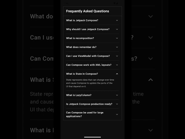 Created an simple dark themed animated FAQ component in Jetpack Compose.