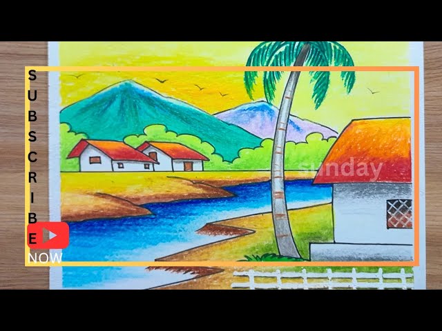 how to draw easy sunset scenery drawing/landscape village drawing/Indian village drawing easy