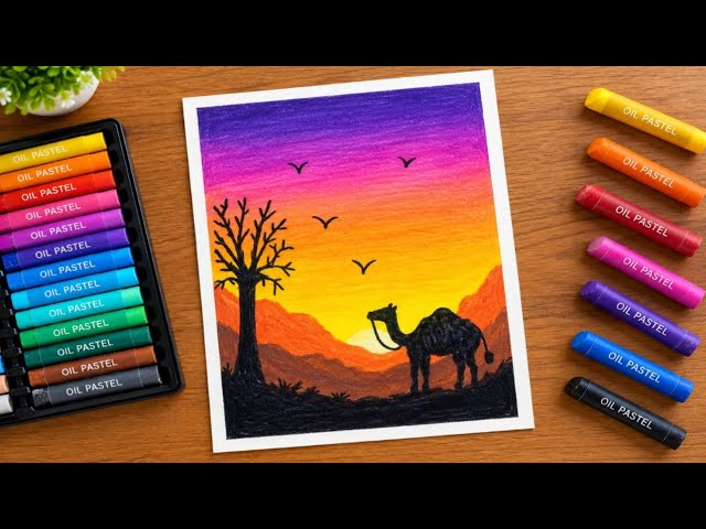 Easy Sunset Scenery Drawing for Beginners | Oil Pastel Art Tutorial #Artsglow