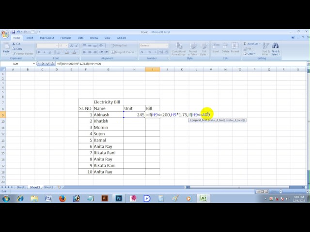 Microsoft office Excel Electricity Bill tutorial