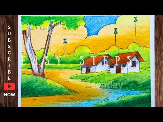 how to draw a village scenery drawing-most easy steps/landscape drawing/scenery drawing
