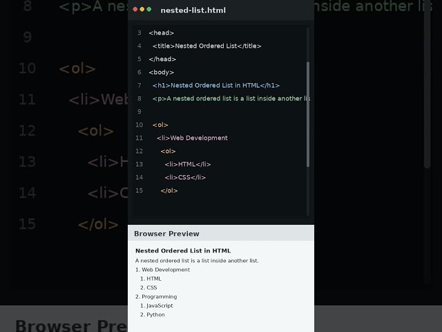 Master HTML nesting! Learn to create ordered lists inside lists with H1, P tags. Pure HTML, no CSS.