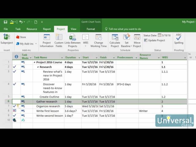 Lesson 14: Using Baselines - Microsoft Project 2016 Course | Universal Class
