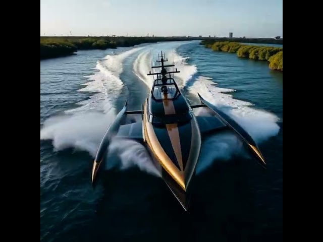 Trimaran Yacht speeding over wave
