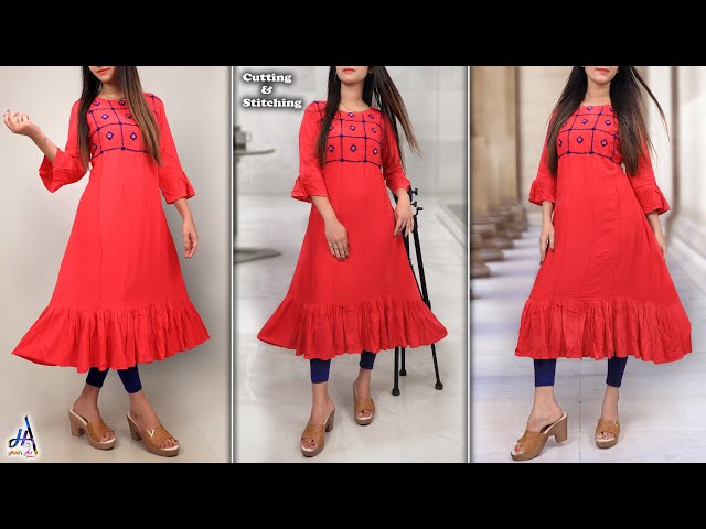 Trendy!!.. Simple & Stylish - Daily Wear  Frill Kurti Design Cutting & Stitching Step By Step