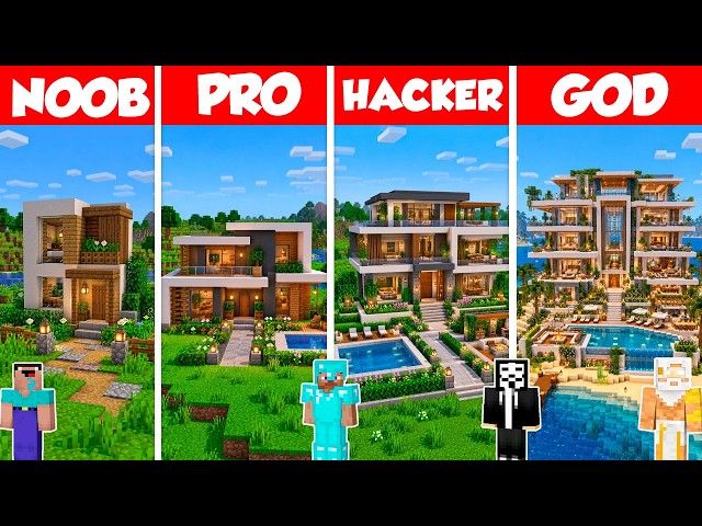 Lux Modern House Build Battle Challenge - Noob vs Pro vs Hacker vs God - Minecraft Animation