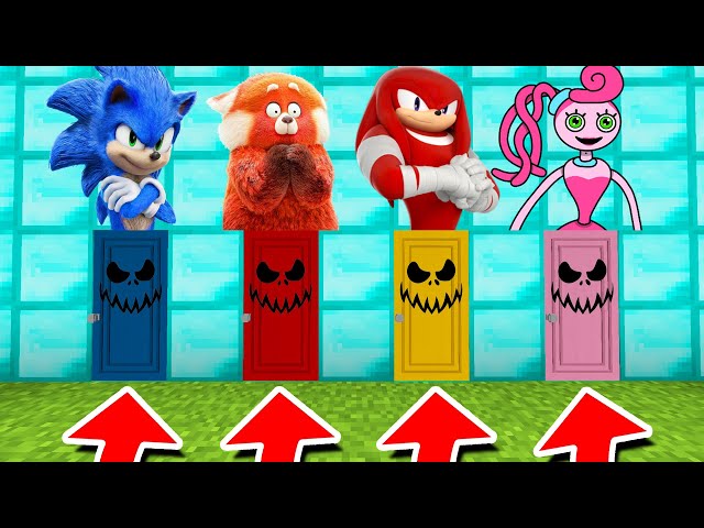 Minecraft PE : DO NOT CHOOSE THE WRONG SCARY DOOR! (Mommy Long legs, Turning Red & Sonic)