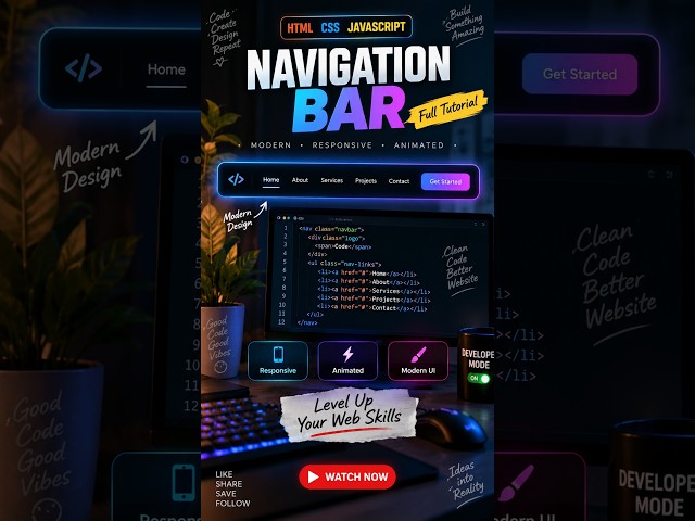 How to Create a Modern Navigation Bar with HTML CSS & JavaScript | Responsive Navbar