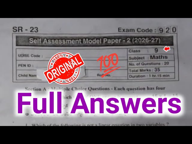 Ap 9th Fa2 maths real question paper and answers 2026|9th maths self assessment 2 answer key 2026