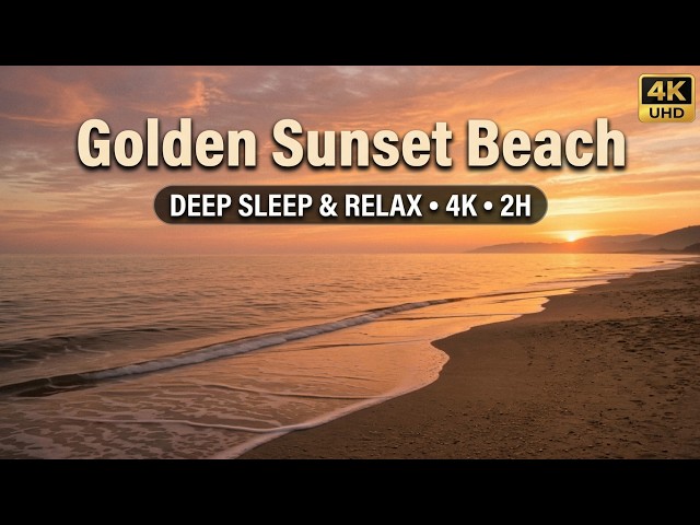 4K Golden Sunset Beach & Calm Waves Ambience 🌅 Relaxing Ocean Sounds for Sleep & Meditation 2H
