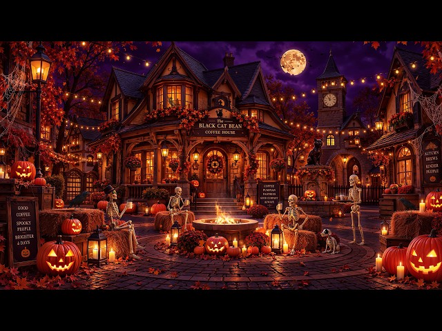 A Quiet Autumn Street Through a Halloween Village🎃 Spooky Autumn Jazz & Fireplace Crackles, Pumpkins