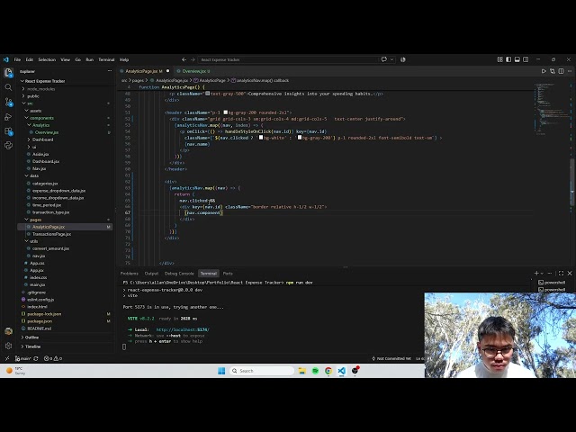 day 17 learning react and tailwind web app until I know what I am doing. outdoor, study, code, chill