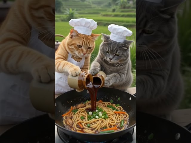 Cute Orange Cat Cooks Fresh Stir Fried Noodles in Peaceful Outdoor Kitchen for Woodland Friends