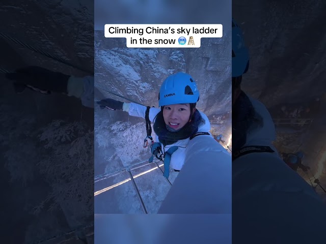 Climbing China’s sky ladder IN THE SNOW 🥶🪜 #china #chinatravel #rockclimbing #backpacking