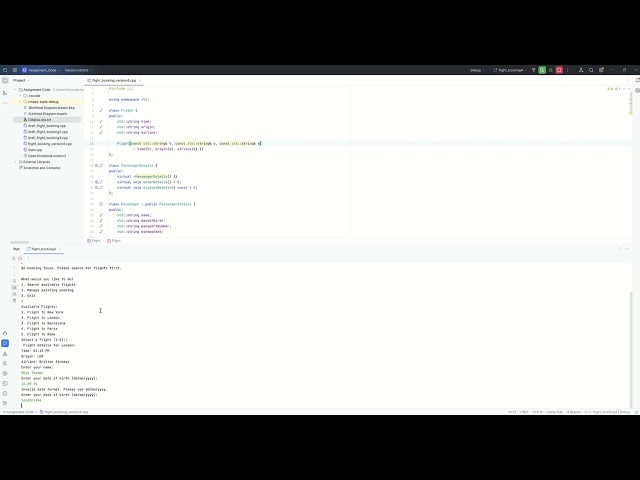 Object Oriented Programming (C++) | Code Demo for Flight Booking System